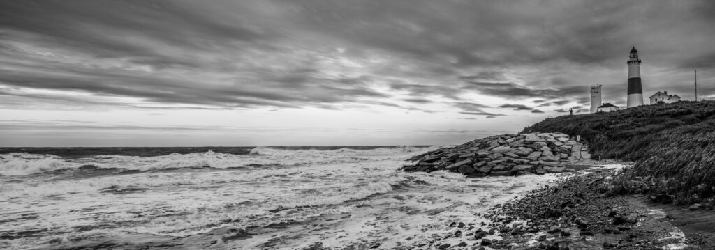 Remnants of Storm Erin creates turbulent seas at the Montauk Lighthouse in Black and White