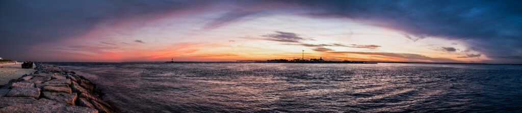 Panoramic sunset of Shinnecock Inlet